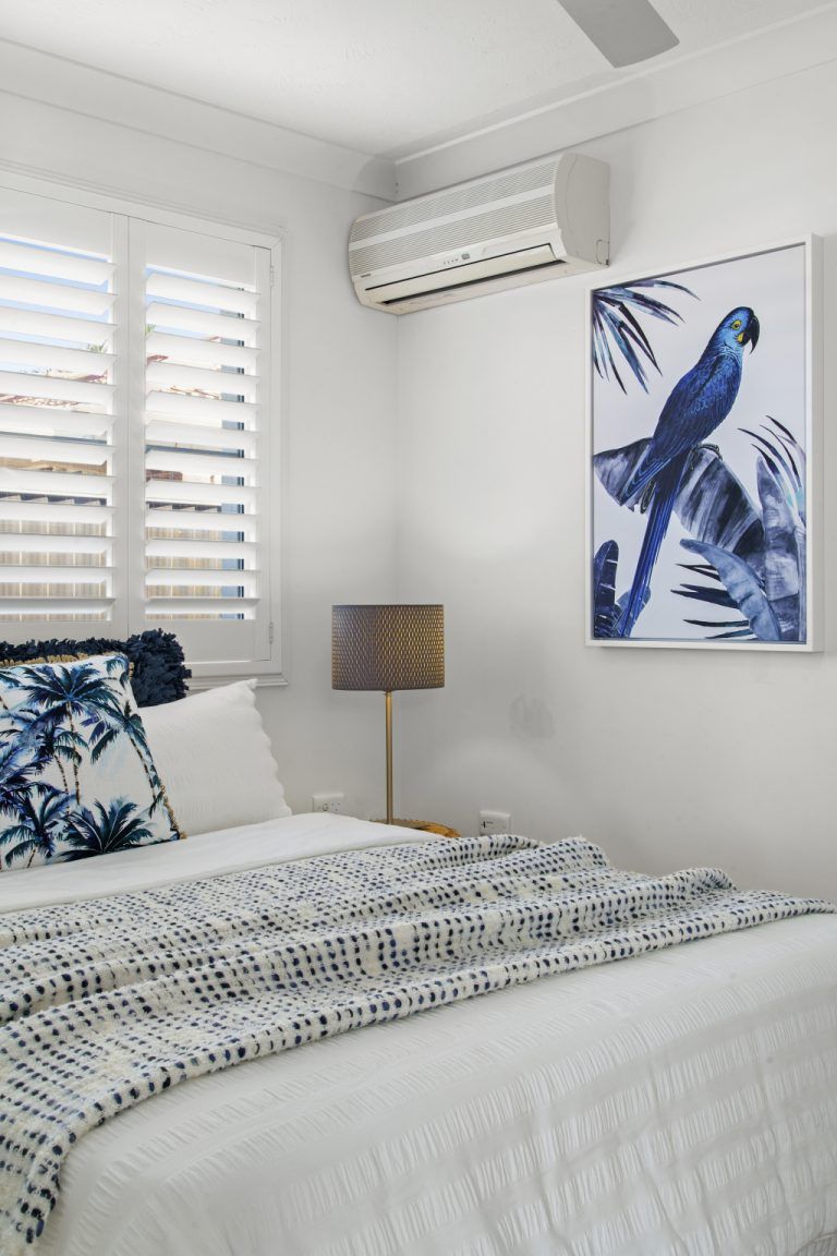 There is a picture of a blue parrot on the wall above the bed.
