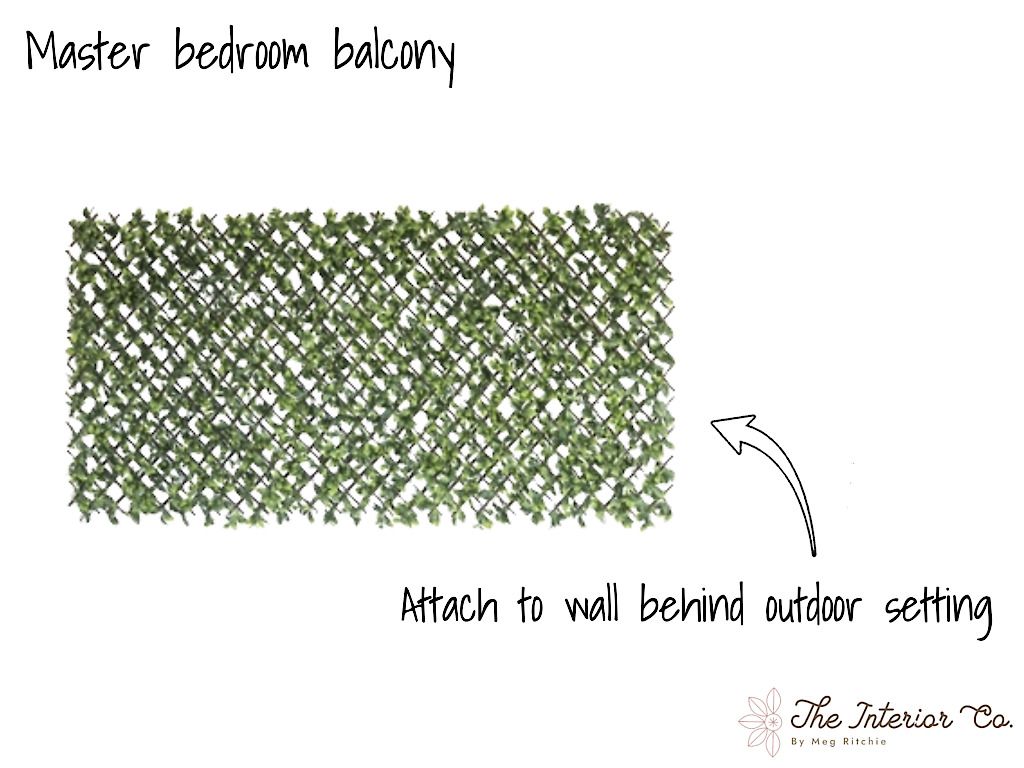 A drawing of a master bedroom balcony with a green hedge attached to it.