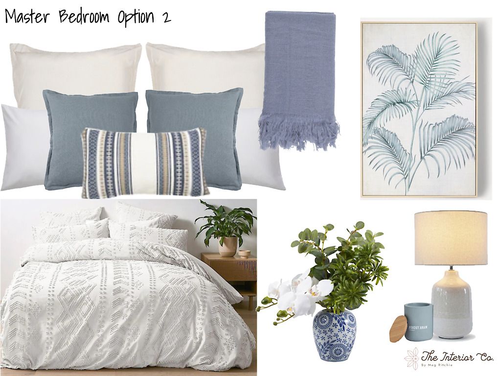 A bedroom with a bed , pillows , lamps , and a picture of a plant.