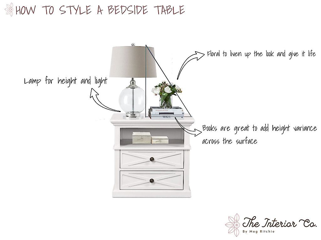 A nightstand with a lamp and a vase of flowers on it