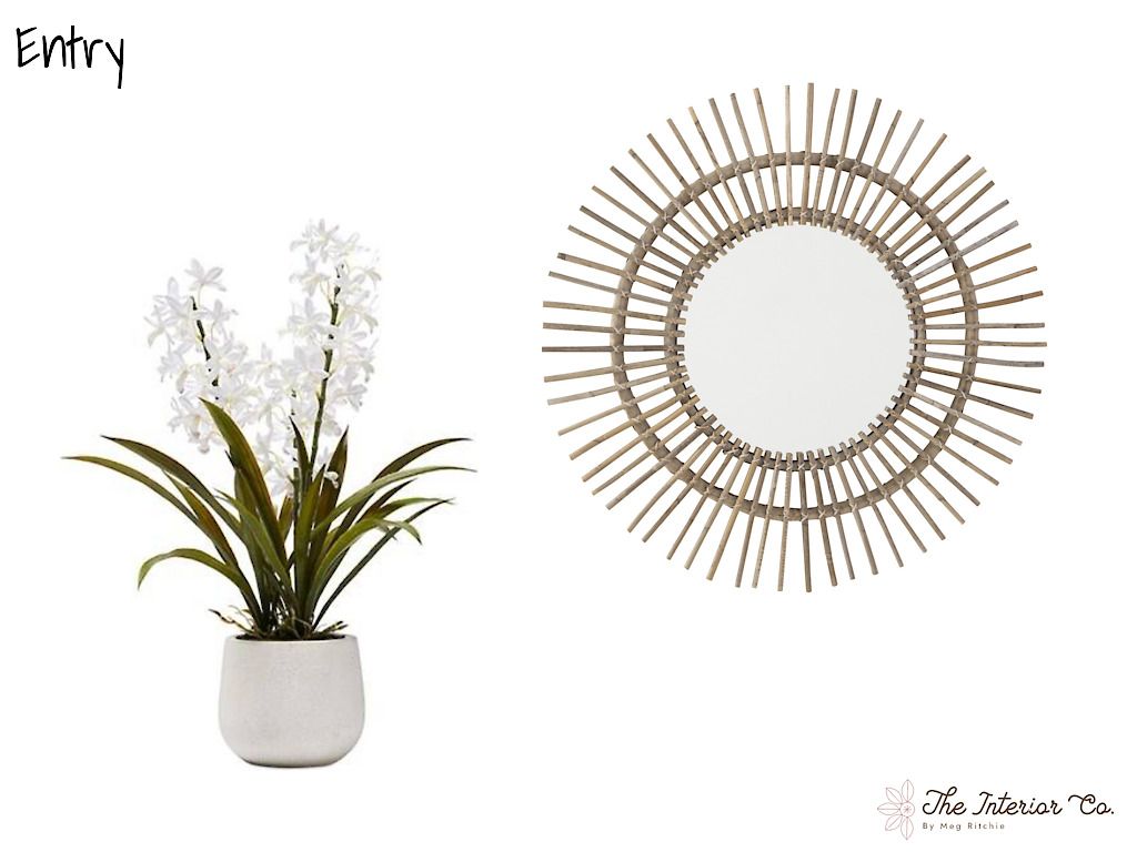 A potted plant and a mirror are on a white background.