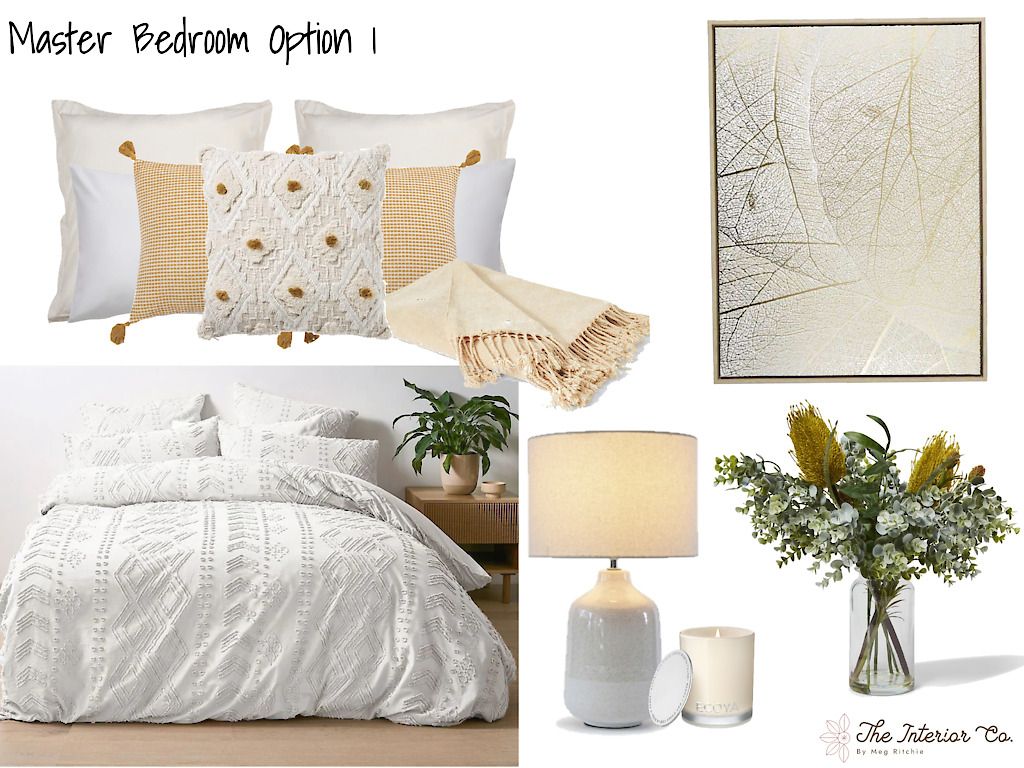 A bedroom with a white comforter and pillows and a vase of flowers