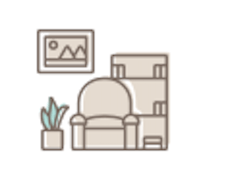 A living room with a couch , bookshelf , and picture on the wall.