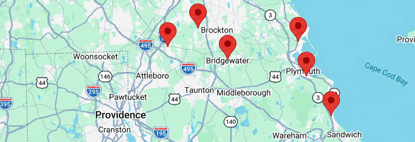 Map showing six Bay Eye Center office locations across southeastern Massachusetts