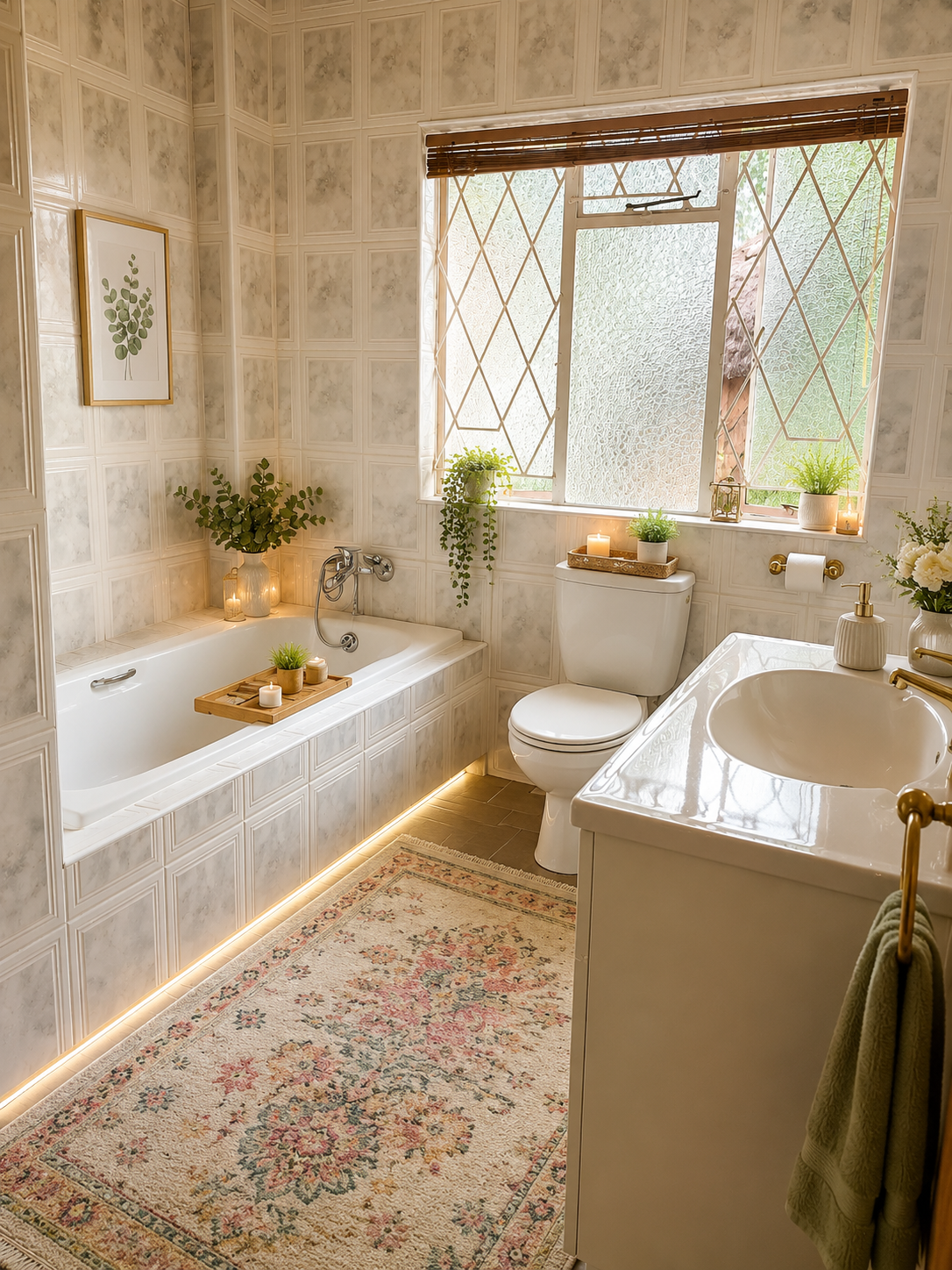 Bright vintage bathroom with a clawfoot tub, double sink, floral rug, and frosted window light.