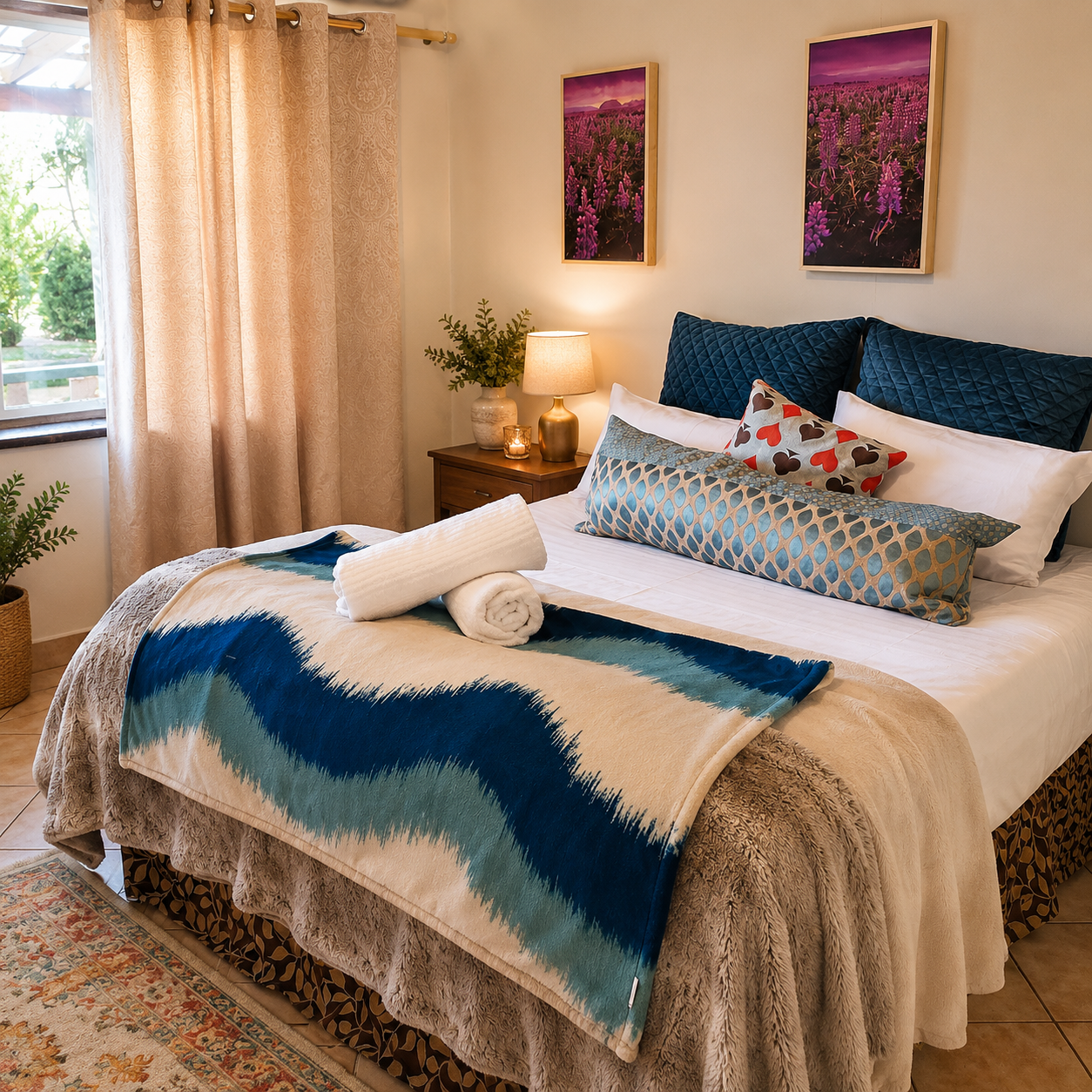 Cozy bedroom with a neatly made bed, blue-and-tan bedding, lamps, curtains, and floral wall art.