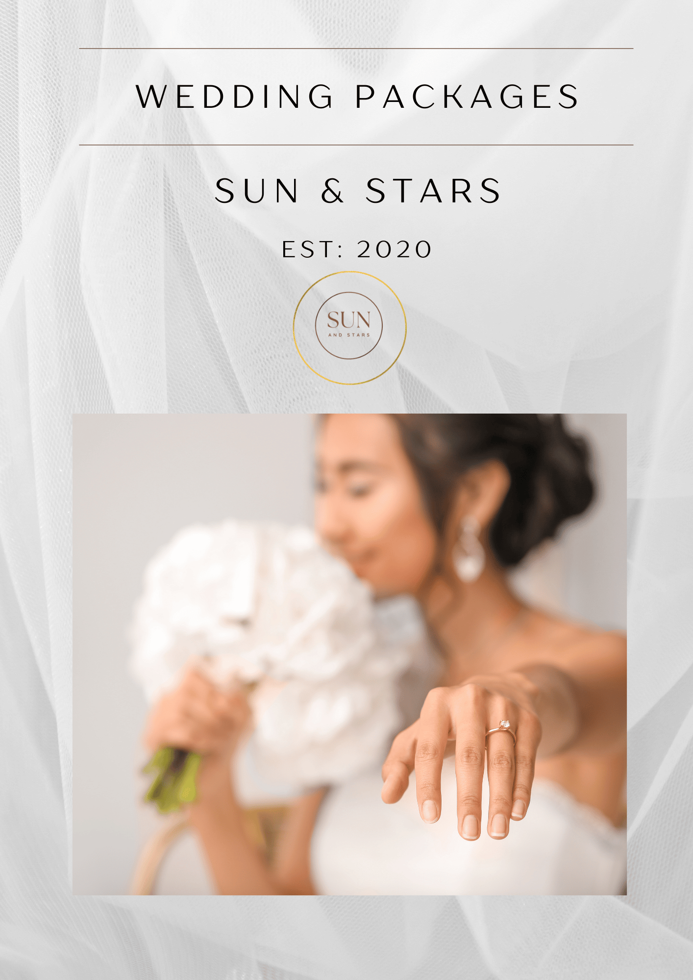 Wedding package cover with bride holding white bouquet and showing engagement ring, soft ivory tones