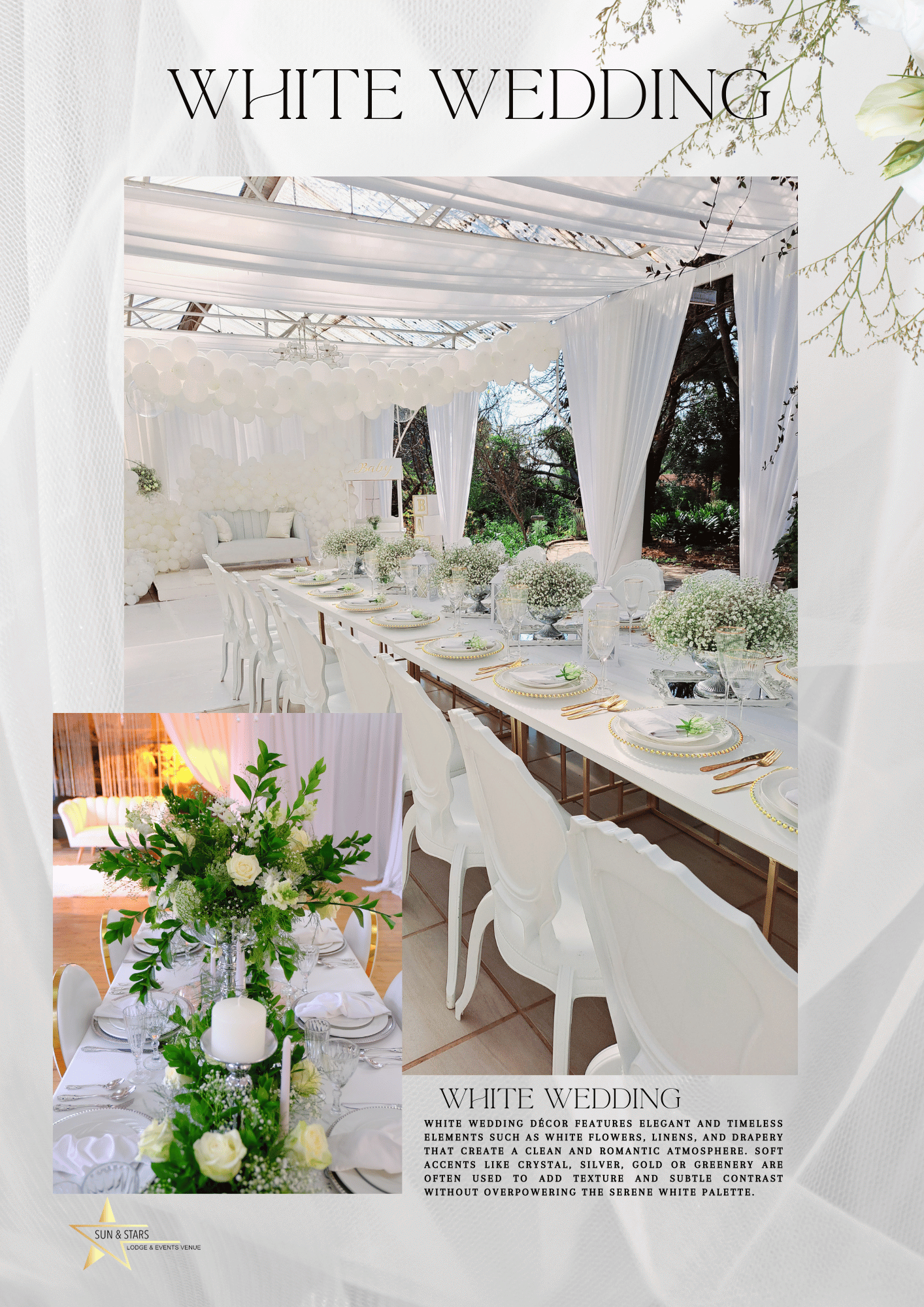 White wedding reception with long decorated table, white drapery, and floral centerpieces indoors
