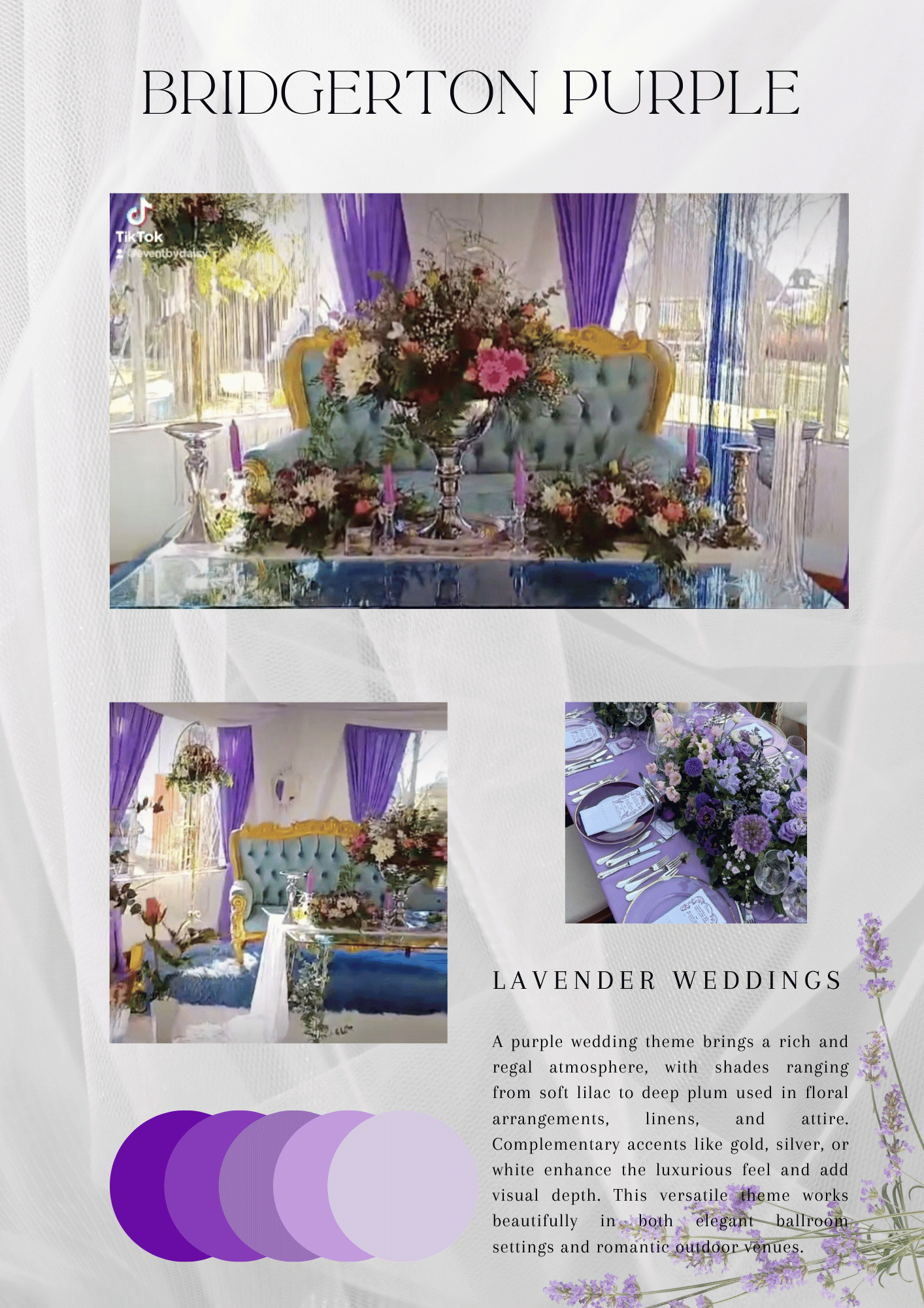 Bridgerton purple mood board with floral table decor, lavender accents, and purple color swatches