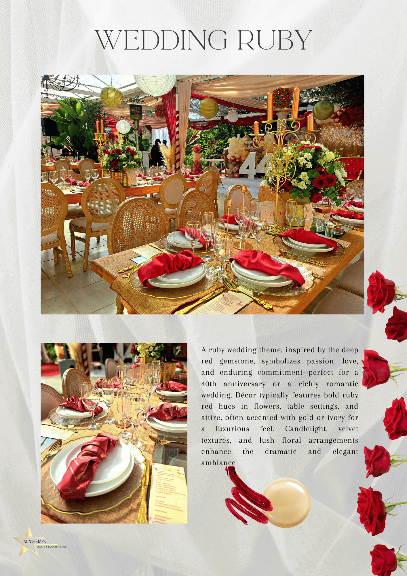 Ruby wedding anniversary table setting with red and gold decor, floral centerpieces, and place cards