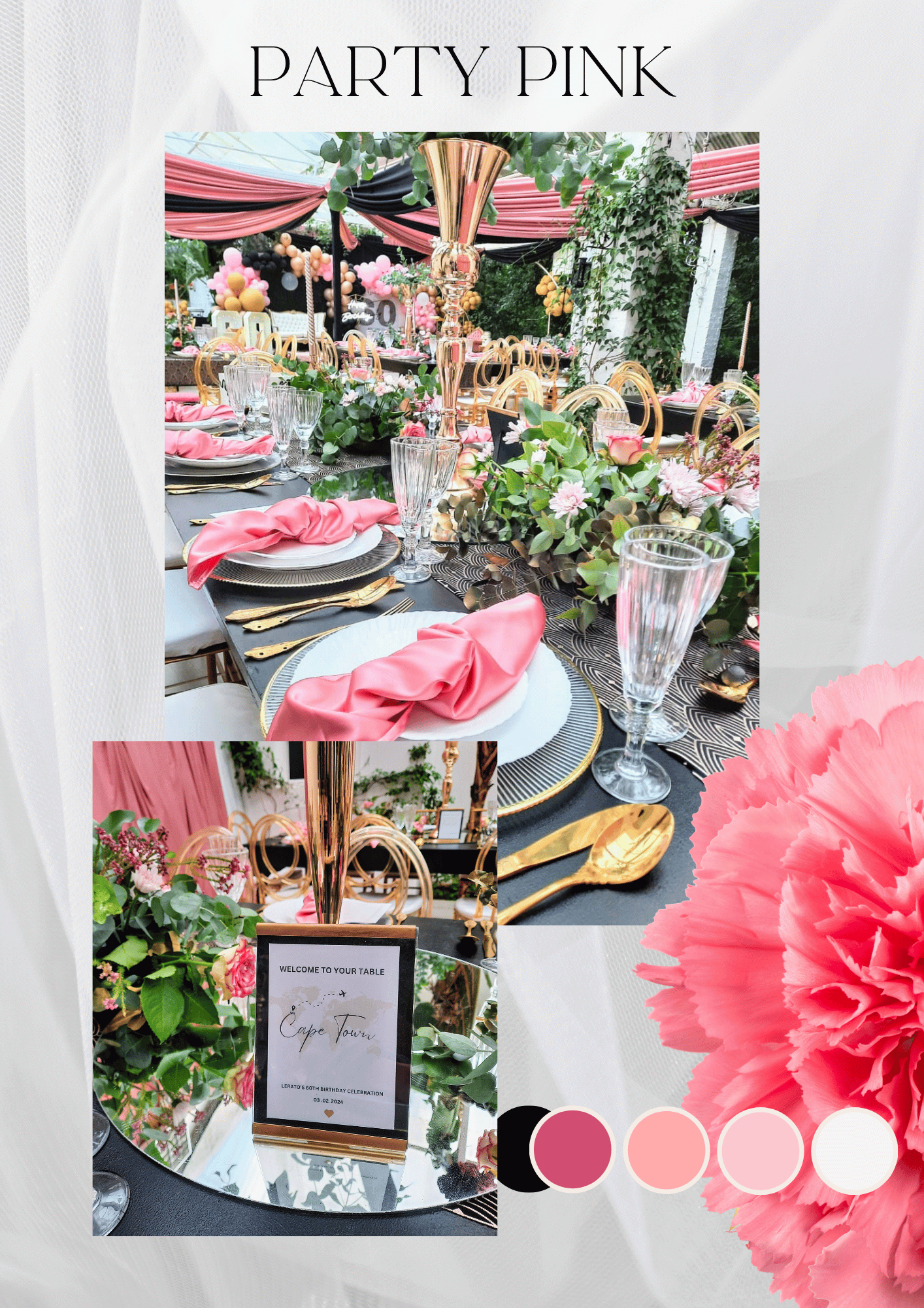 Pink party table setup with floral decor, striped canopy, and place cards in a lush garden setting