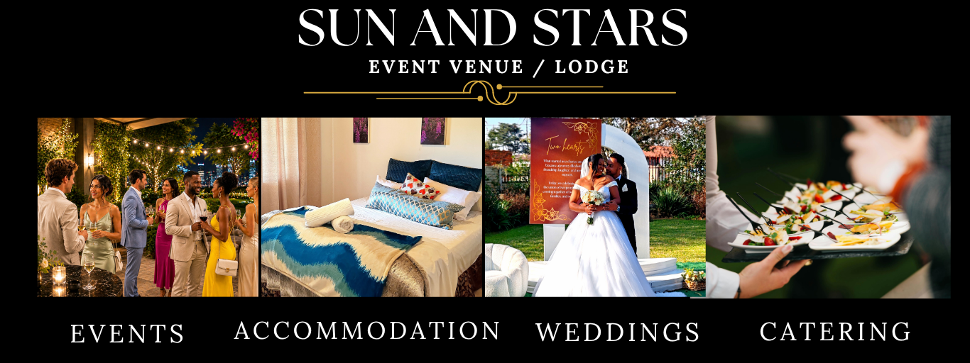 Sun and Stars event venue collage with garden, pool, reception, and catering scenes