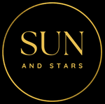 A gold star with the words sun & stars on it