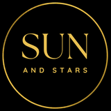 A gold star with the words sun & stars on it