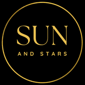 A gold star with the words sun & stars on it