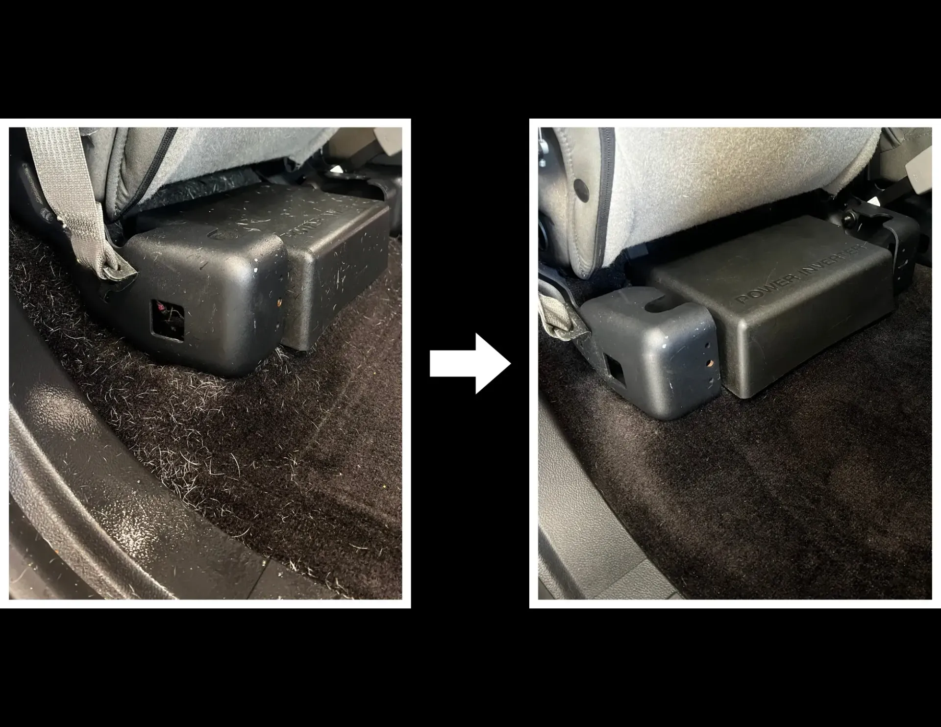 A picture of a car seat before and after being cleaned