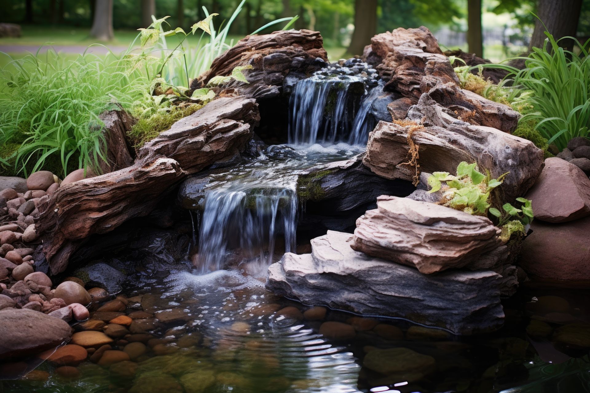 A small waterfall is in the middle of a pond surrounded by rocks.