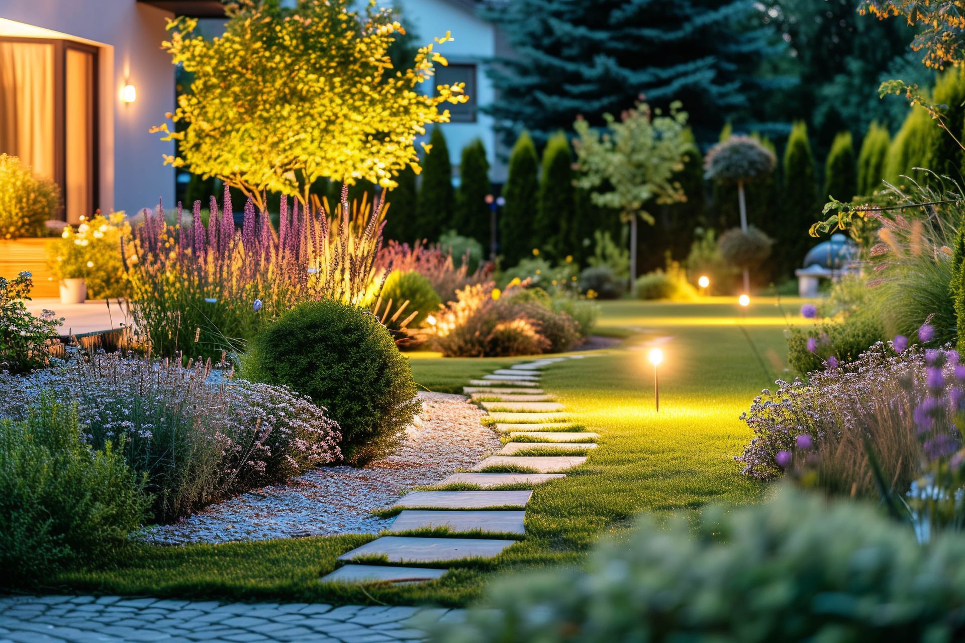 A lush green garden with a path leading to a house at night.