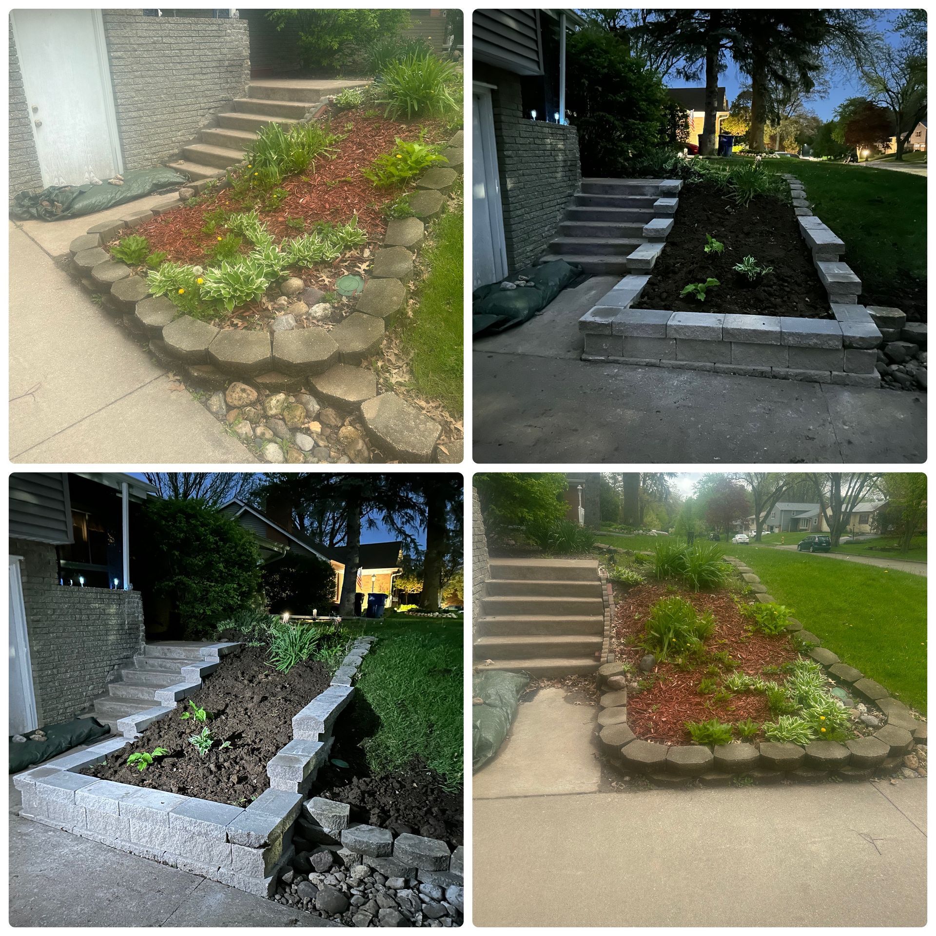 A stone wall with stairs leading up to it in a yard.