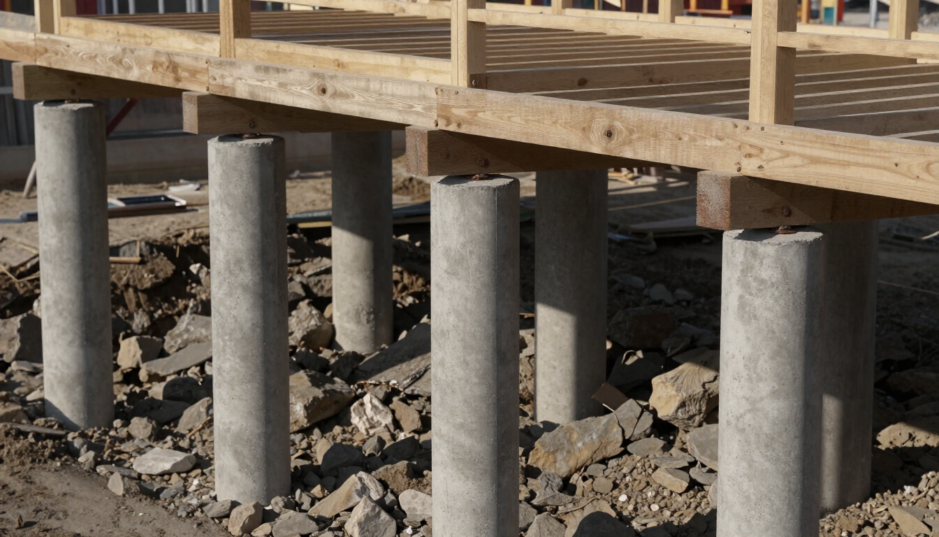 Raised wooden deck on gray concrete pillars over a rocky ground, with railings above.