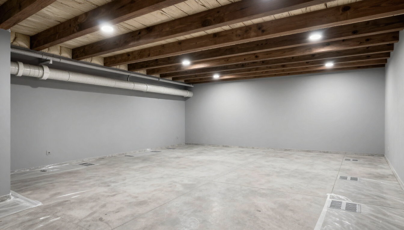 Empty unfinished basement with concrete floor, gray walls, exposed beams, and ceiling lights