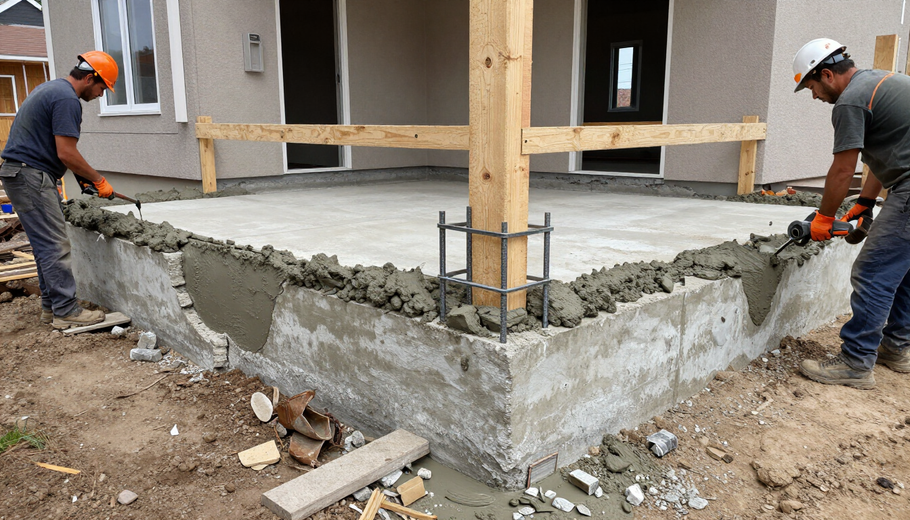 Construction workers pouring concrete along the base of a building frame