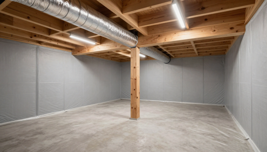 Empty unfinished basement with concrete floor, gray insulated walls, exposed wood beams, and ductwork.