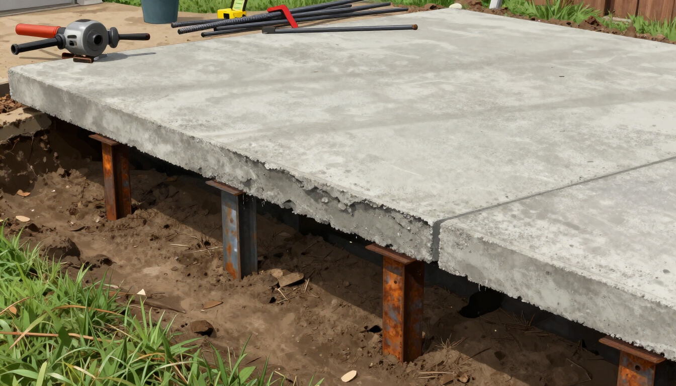 New concrete slab foundation under construction with exposed supports along the edge