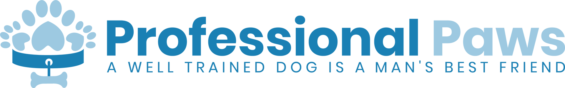 Logo for Professional Paws, a dog training service. Blue paw prints, collar and text. Text reads "A well trained dog is a man's best friend."