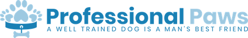 Logo for Professional Paws, a dog training service. Blue paw prints, collar and text. Text reads "A well trained dog is a man's best friend."