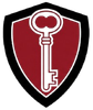 Burgundy shield with a white key against a black border.