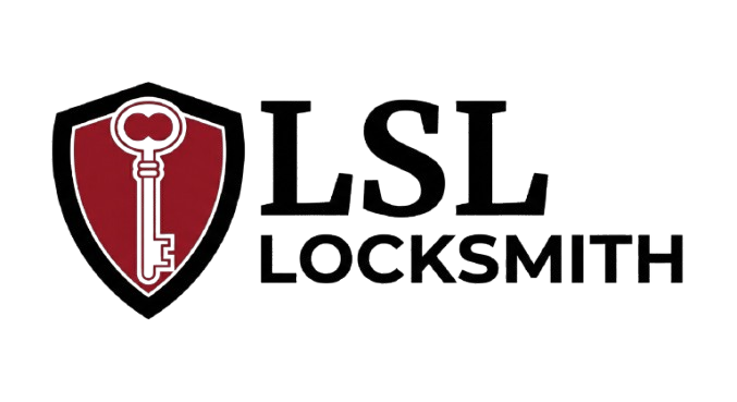 Logo for LSL Locksmith featuring a red shield with a key, and black text.