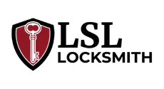 Logo for LSL Locksmith featuring a red shield with a key, and black text.