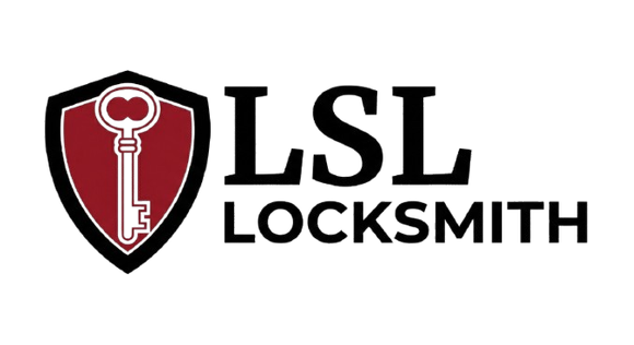 Logo for LSL Locksmith featuring a red shield with a key, and black text.