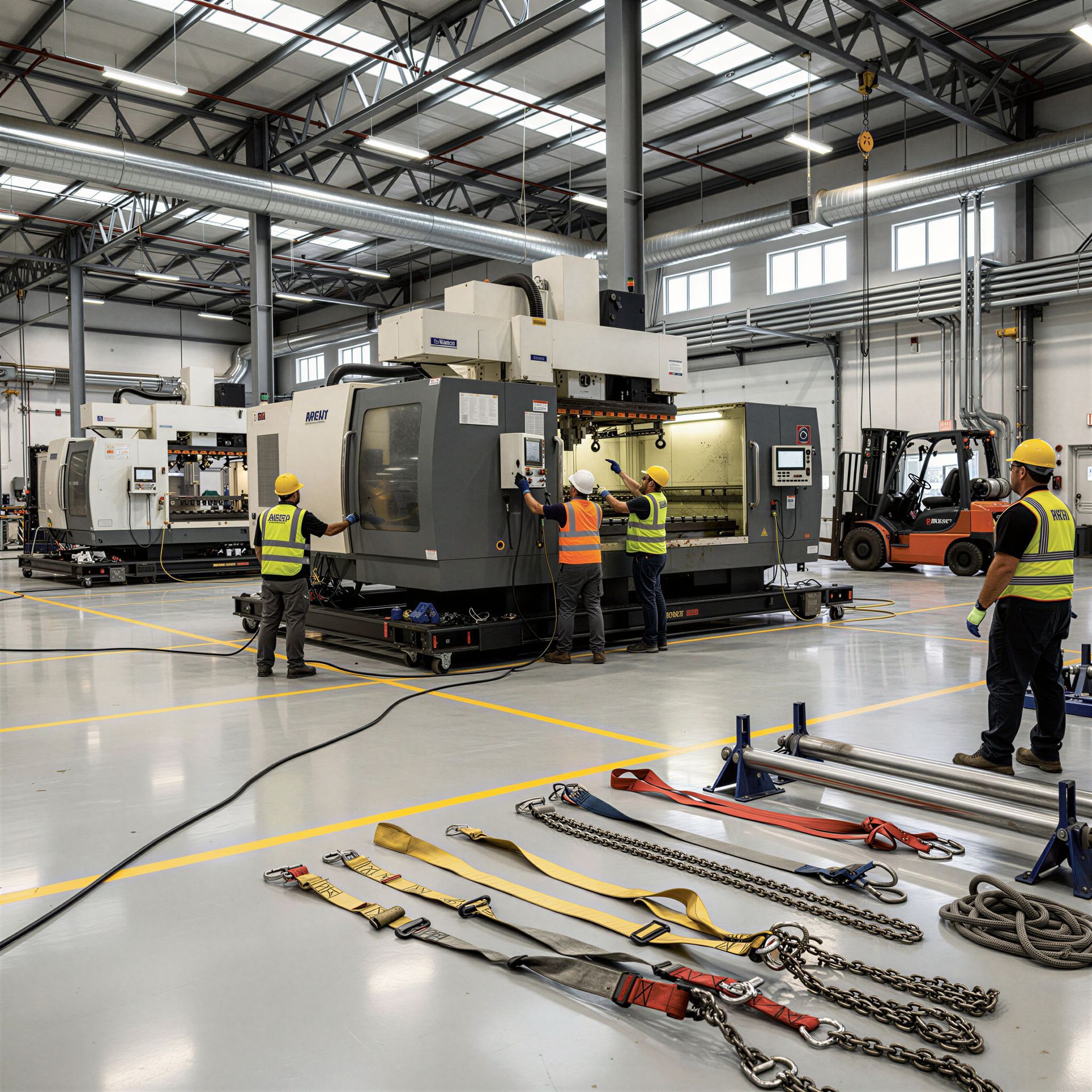 Industrial rigging crew positioning a CNC machining center inside a manufacturing facility