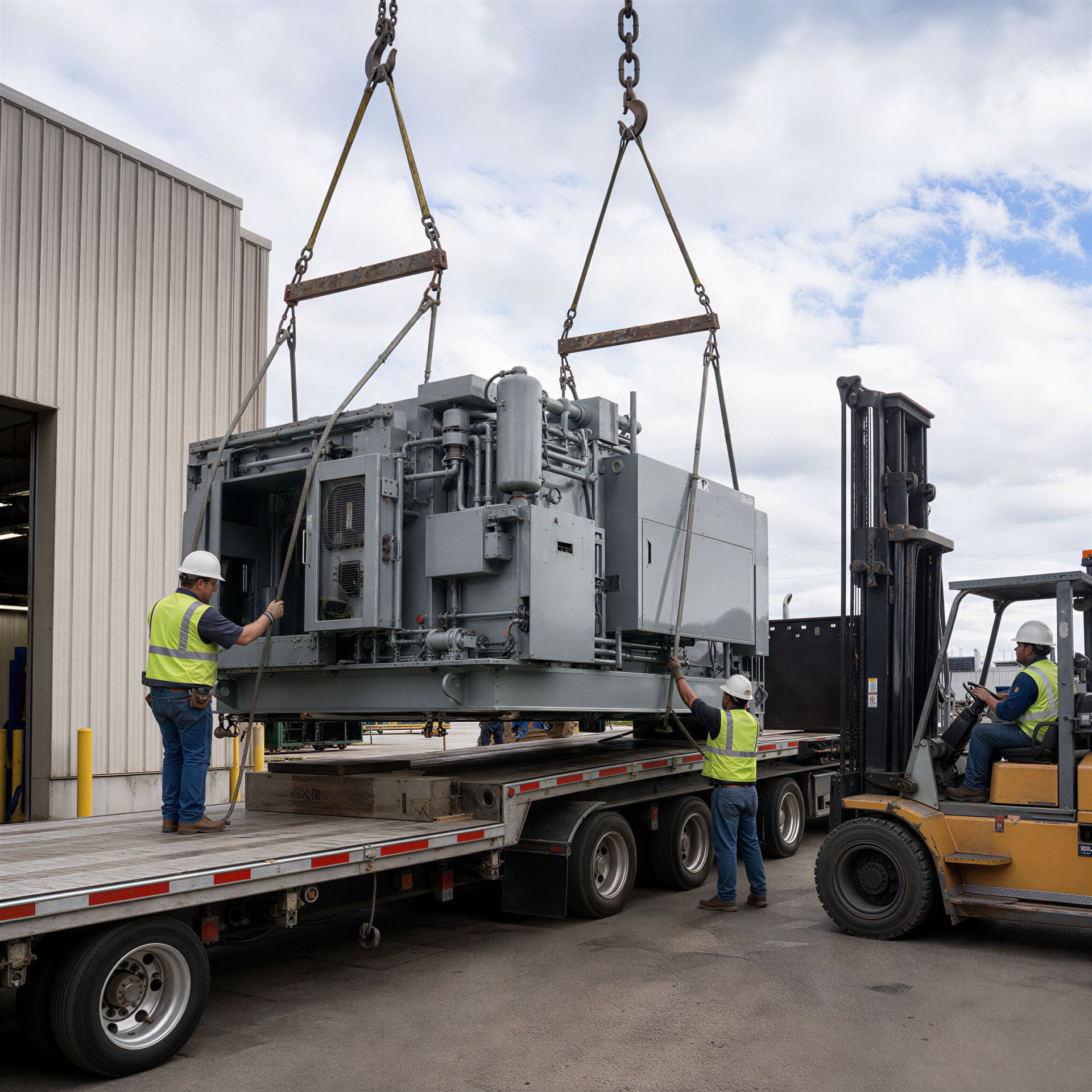 Large CNC machining center being lifted with a hydraulic gantry during machinery relocation