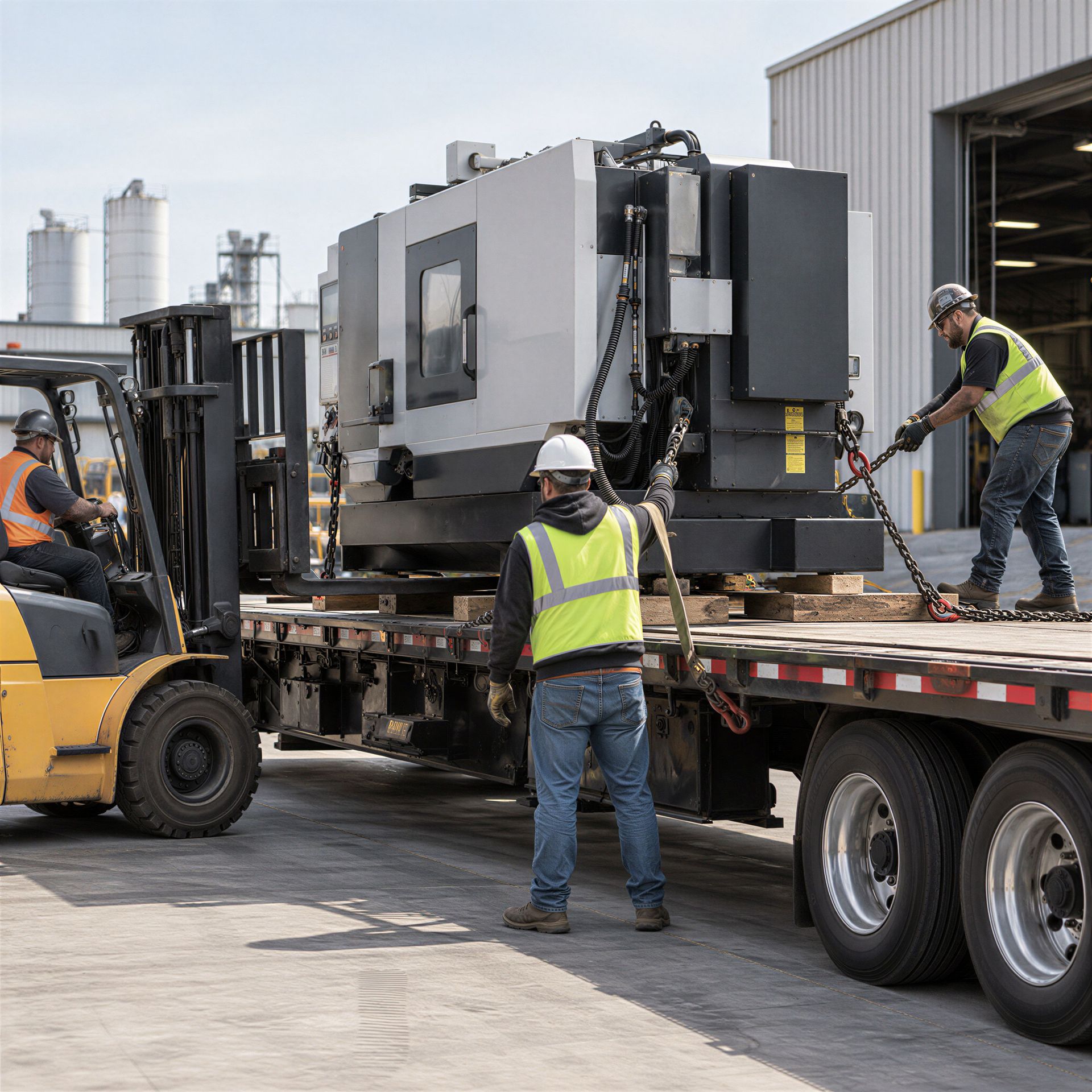 Industrial rigging crew positioning a CNC machining center inside a manufacturing facility