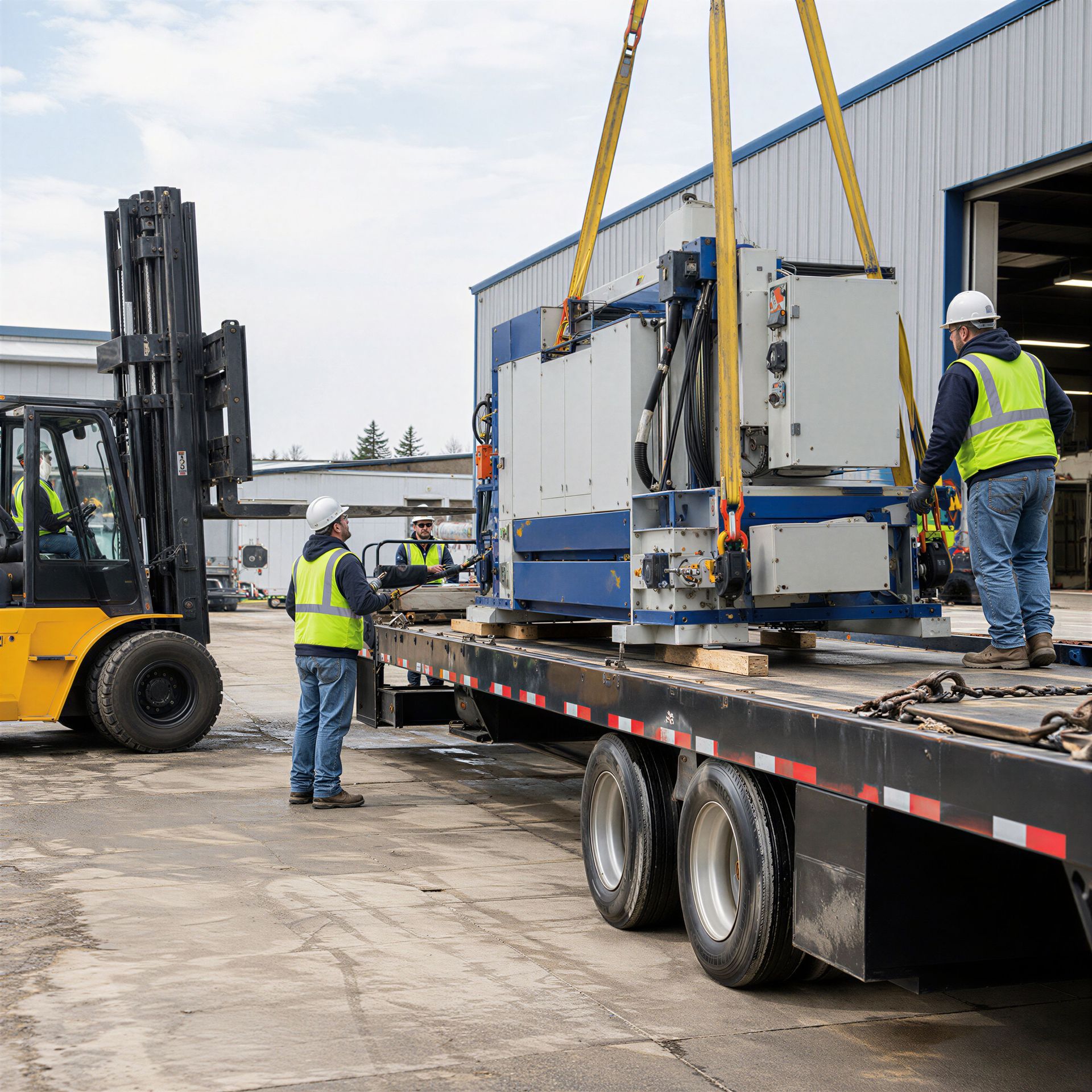 Large CNC machine being unloaded and rigged for installation at a manufacturing facility