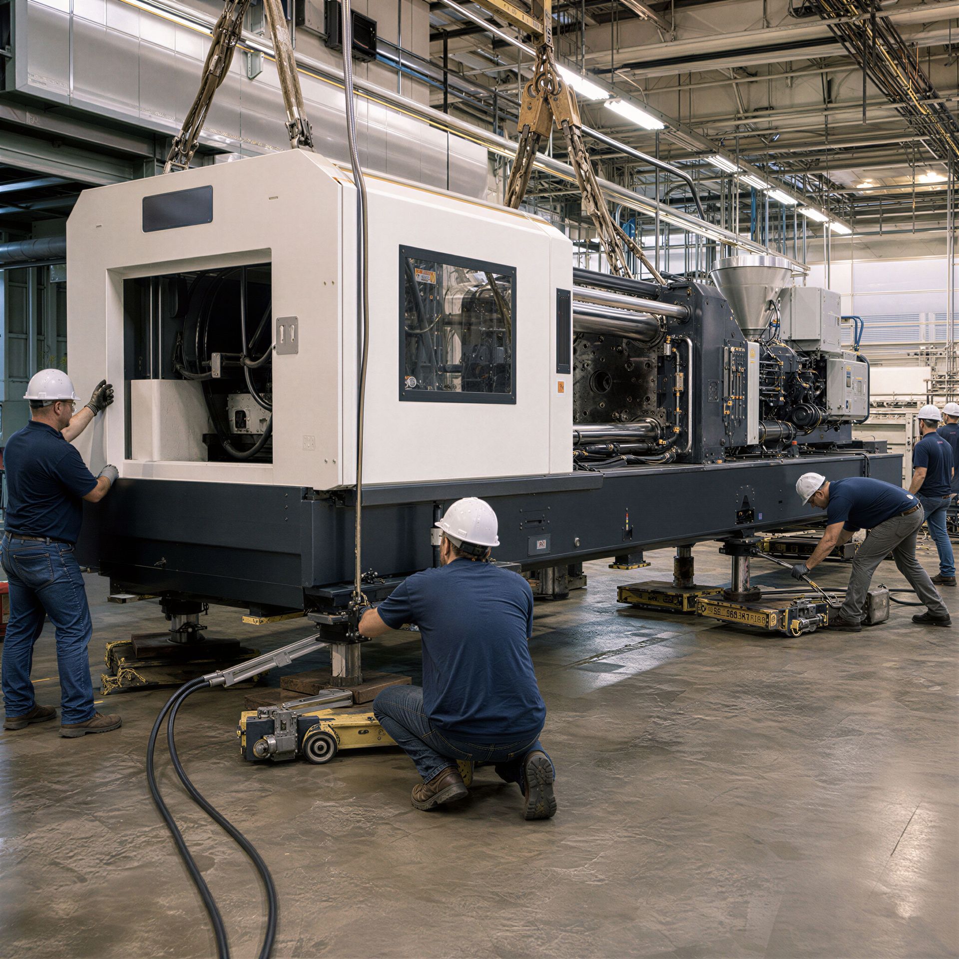 Injection molding machine being lifted and positioned by riggers inside a manufacturing facility