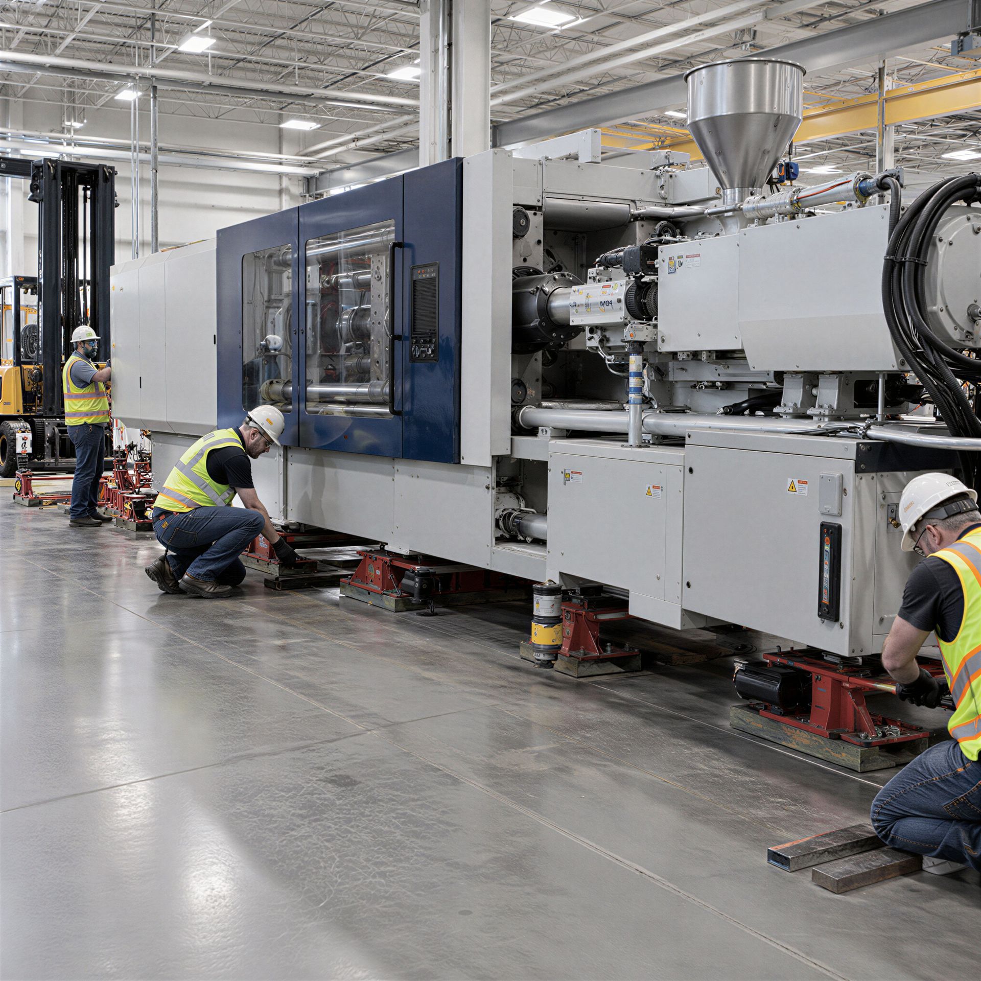 Industrial rigging crew positioning a large injection molding machine using machinery skates and hydraulic jacks