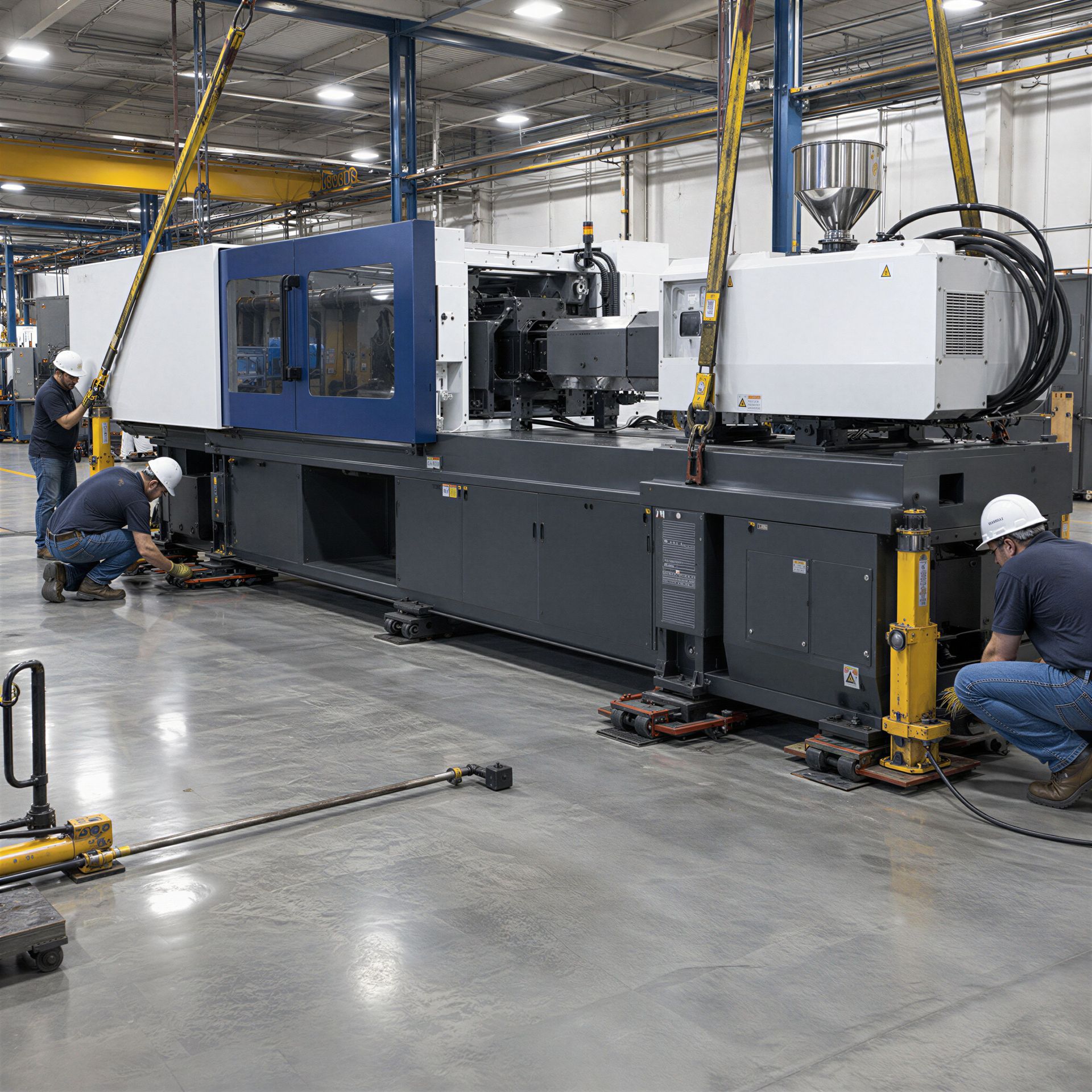 Large injection molding machine suspended with lifting slings during machinery moving and installation