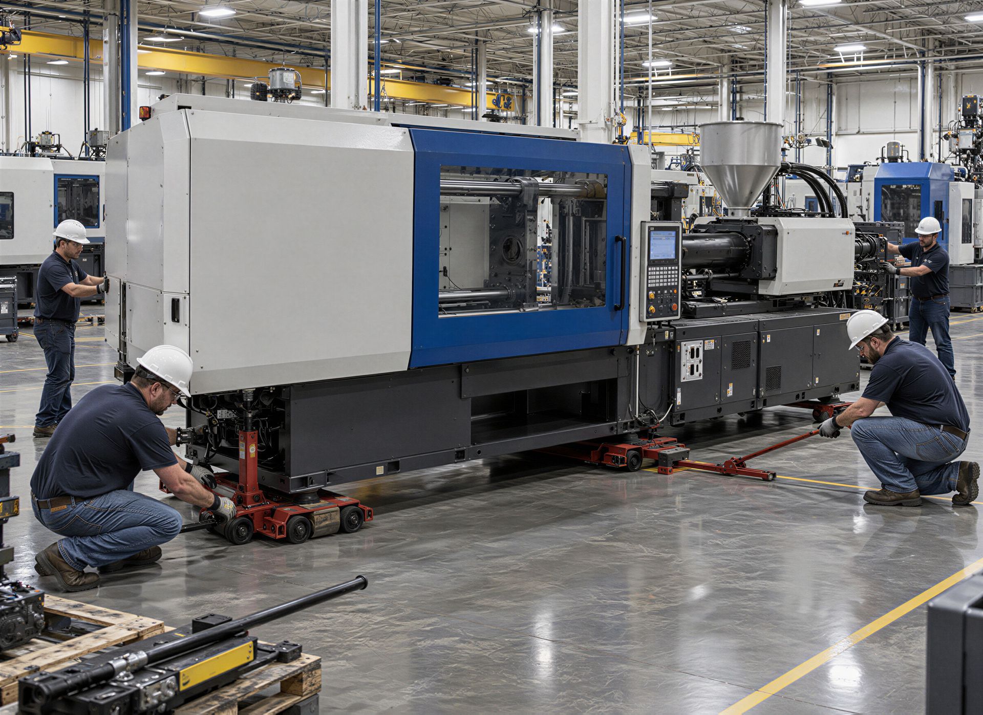 Large injection molding machine being positioned on machinery skates during industrial equipment relocation