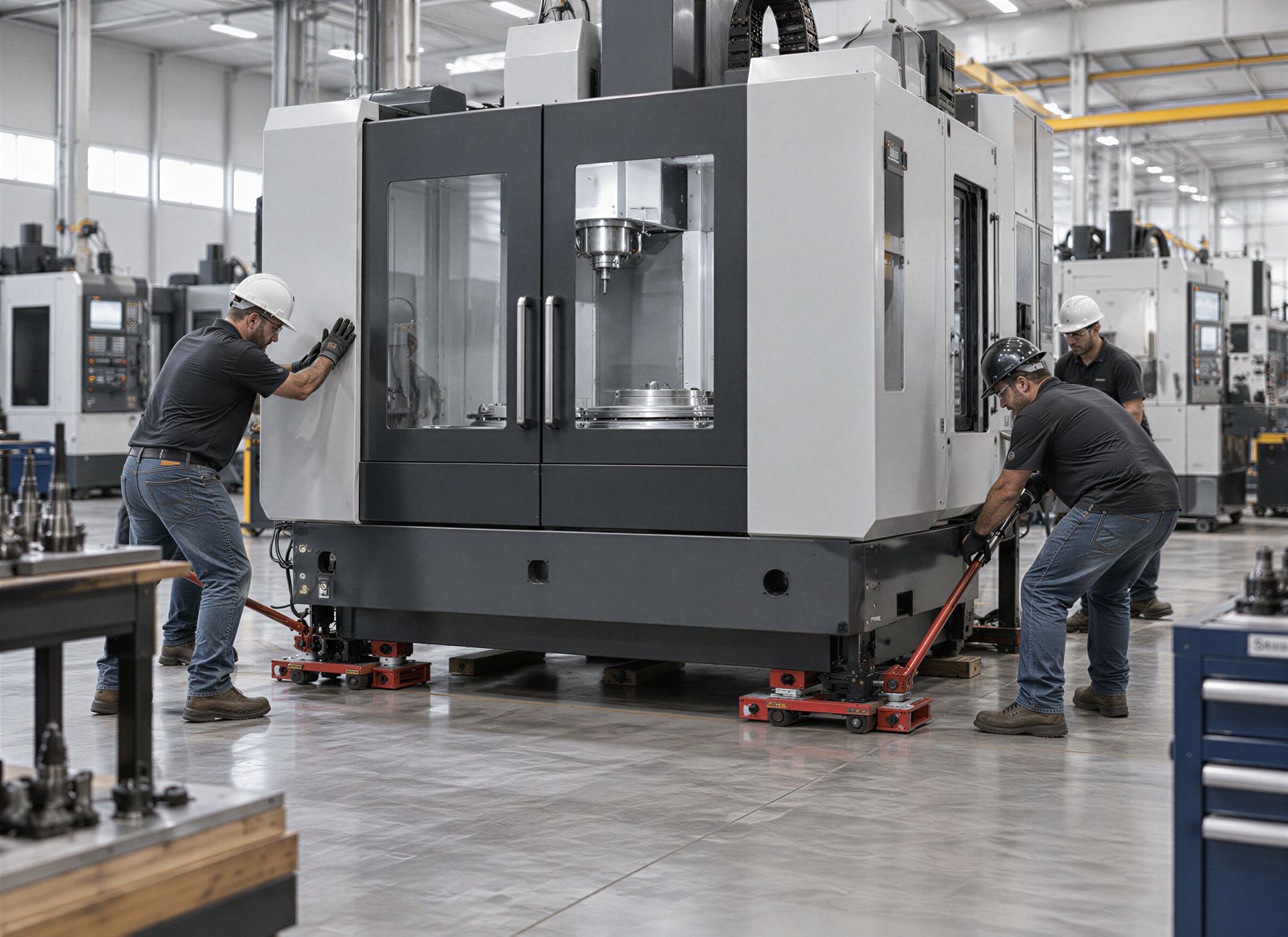 CNC vertical machining center being positioned on machinery skates during an industrial equipment move
