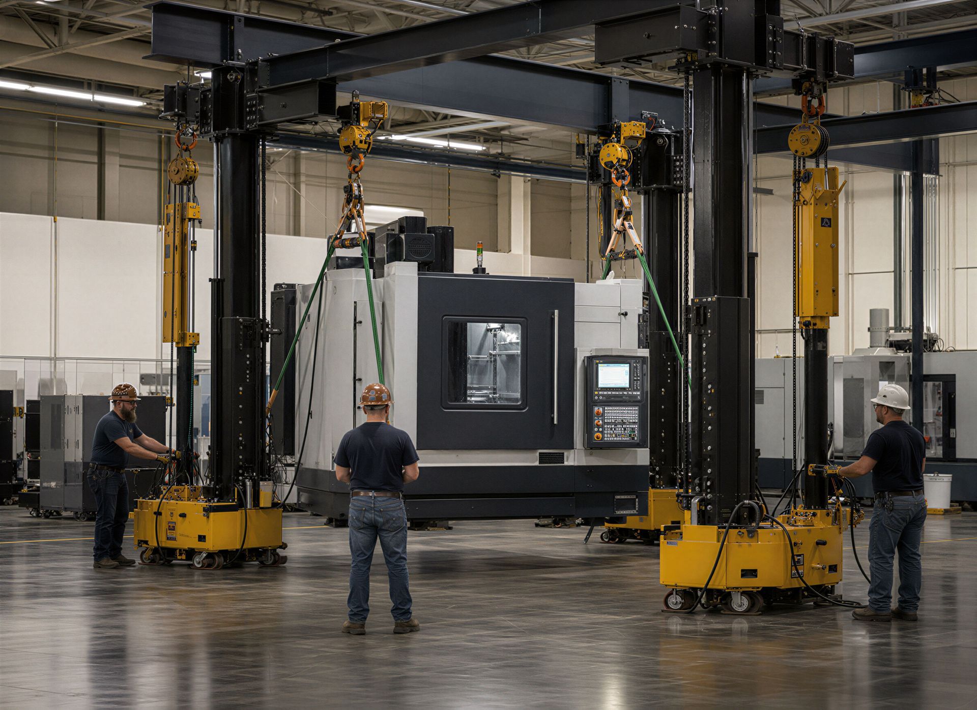 Large CNC machining center being lifted with a hydraulic gantry during machinery relocation