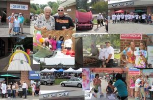 Collage of community event with people, cars, food, and tents. 