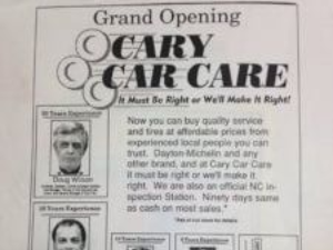 Advertisement for Cary Car Care with text and photos of employees. Announces a grand opening with service and tires.