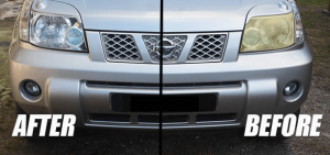 Headlight restoration comparison: Car front, 