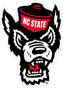 NC State Wolfpack logo: a snarling wolf's head wearing a red hat with