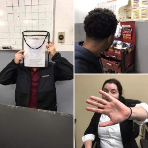 Three images: Man holding paper in front of face; person looking at tool cabinet; woman holding hand out to camera.