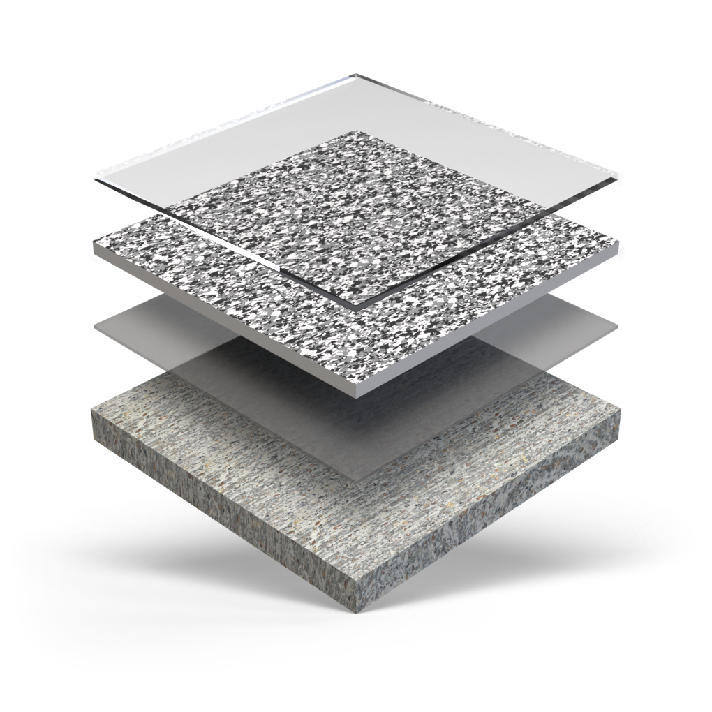 A stack of three pieces of granite , concrete , and glass.